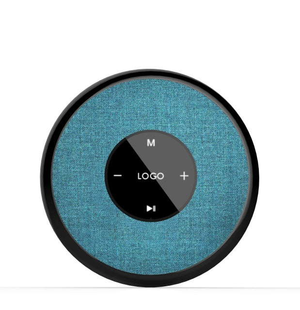 Blue/green textured circular device with control buttons on a white background