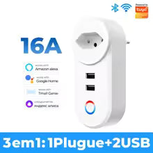 Smart plug with multiple connectivity options on a white background