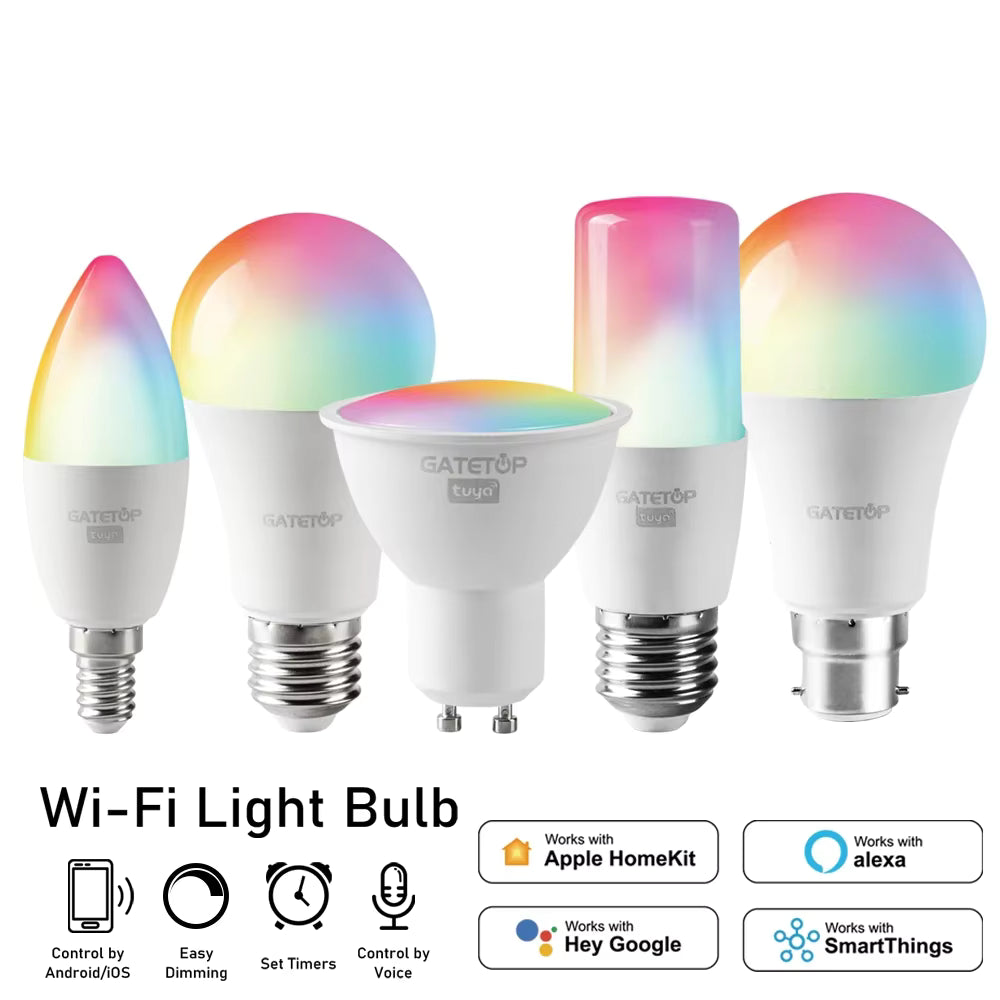 Set of smart Wi-Fi light bulbs with rainbow color effects on a white background