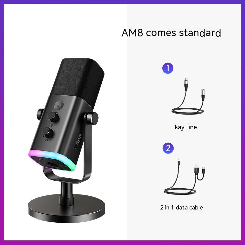 Black microphone with RGB lighting on a stand, accompanied by a kayline cable and 2-in-1 data cable on a white background.