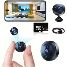 Collection of small cameras and a microSD card on a white background