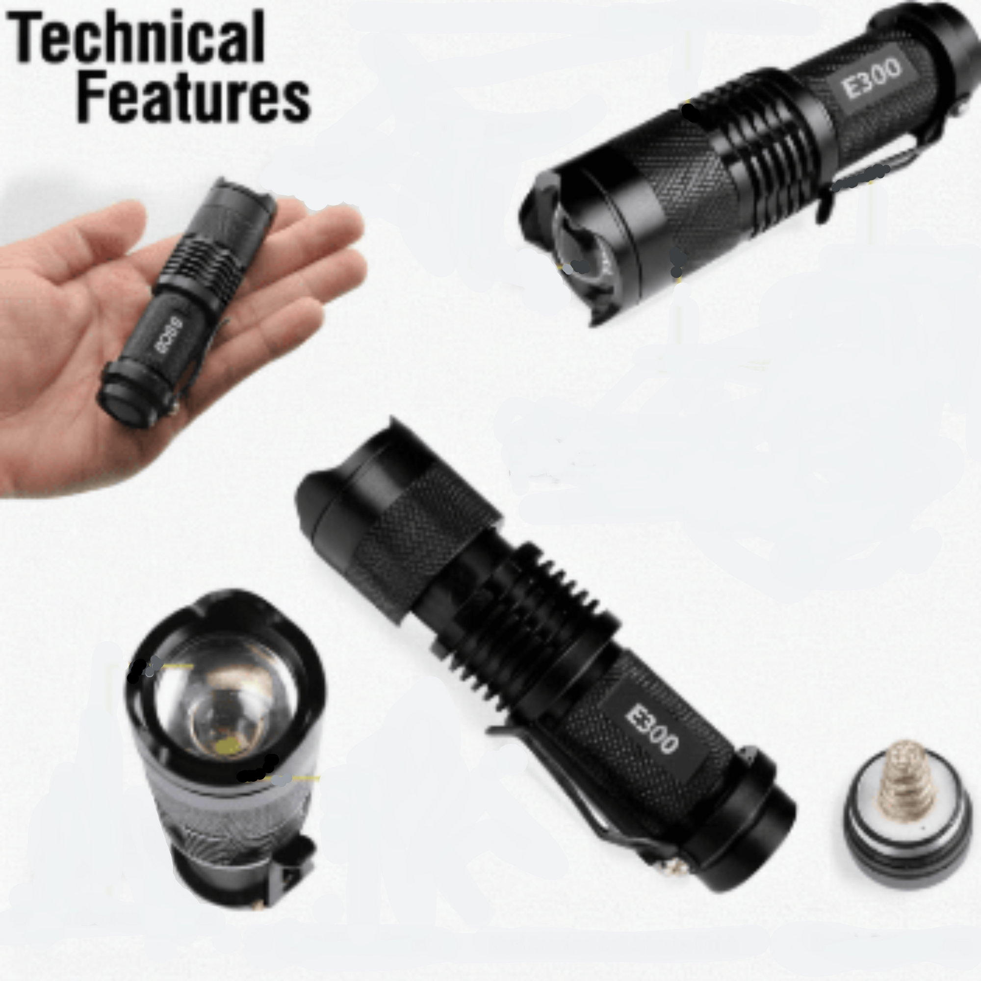 Black flashlights with 'E300' branding on a white background