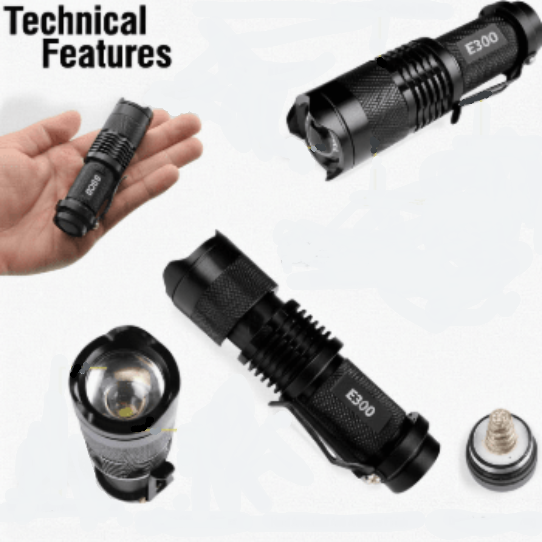 Black flashlights with 'E300' branding on a white background