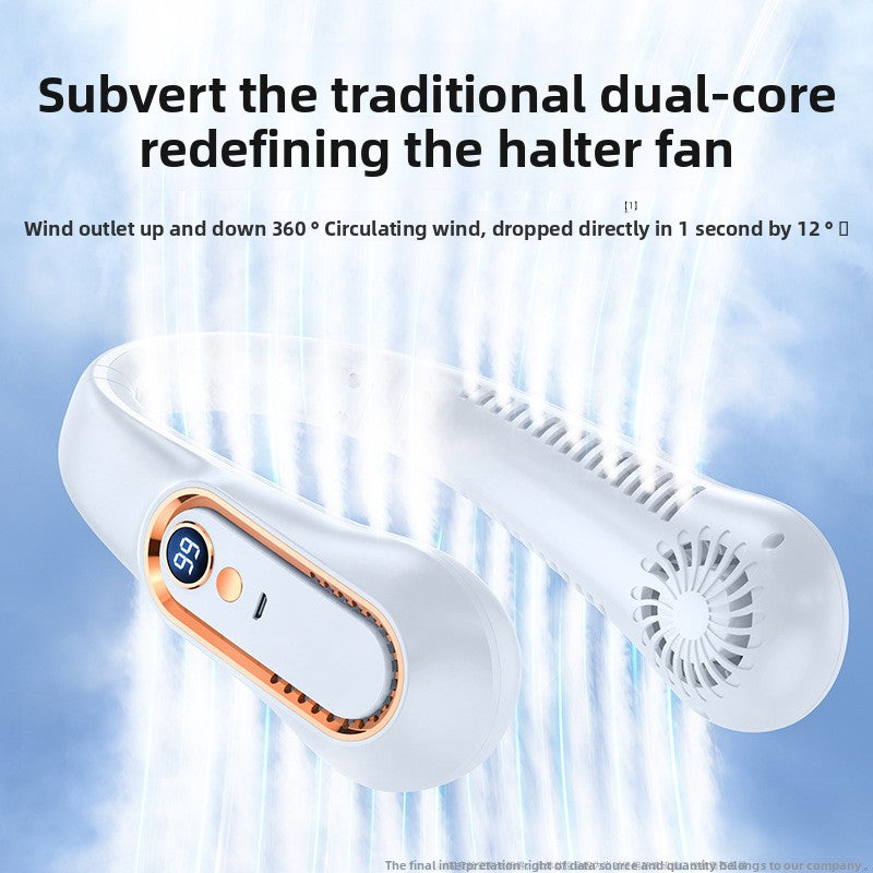 Neck fan with text on a blue background