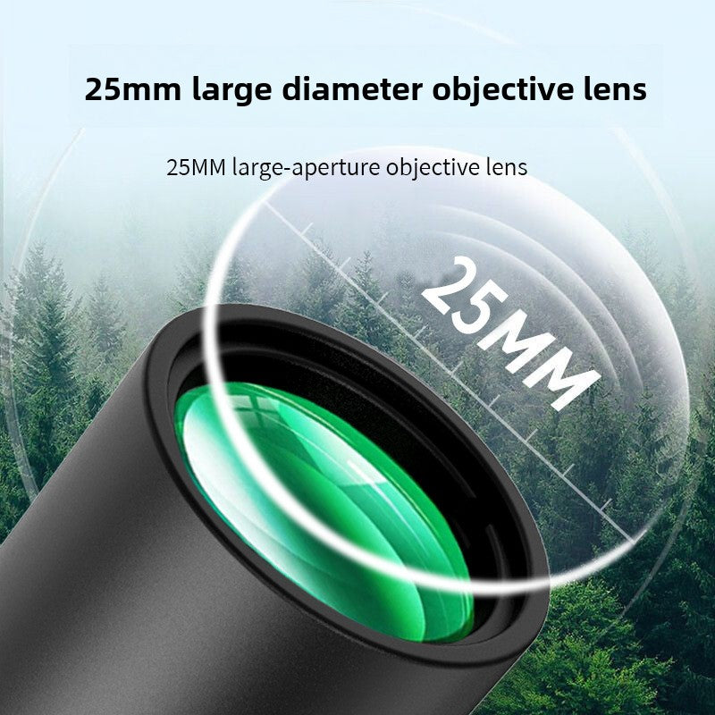 Telescope with 25mm large diameter objective lens highlighted against a forest background