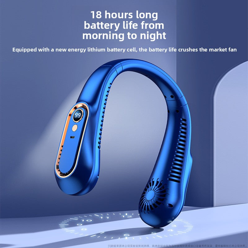 Blue neck fan with text about battery life on a blue background