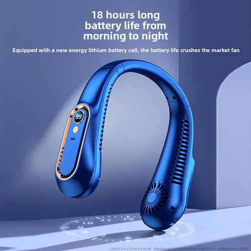 Blue neck fan with text about battery life on a blue background