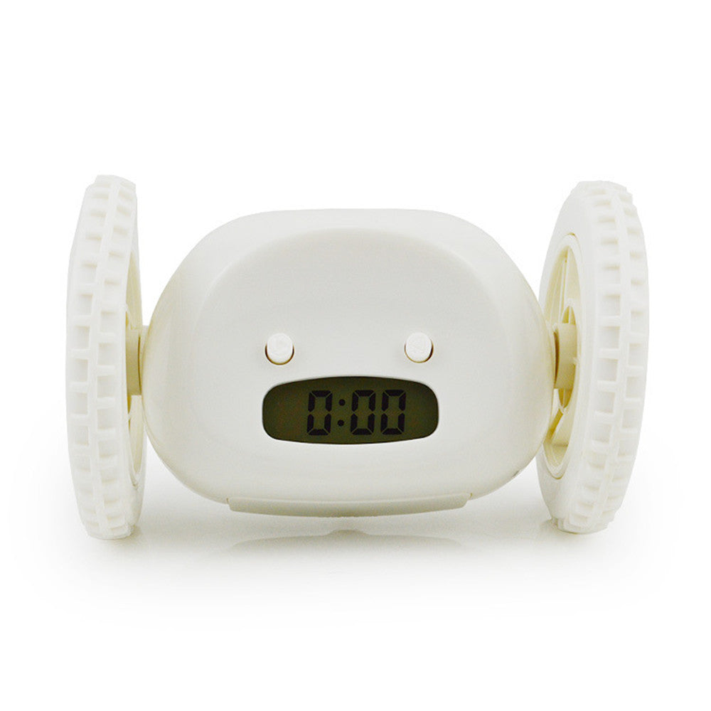 White digital clock with wheels on a white background