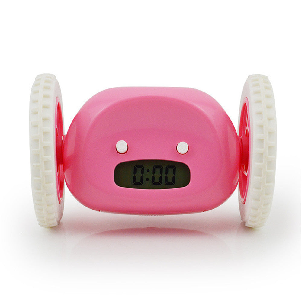 Pink digital clock with wheels on a white background