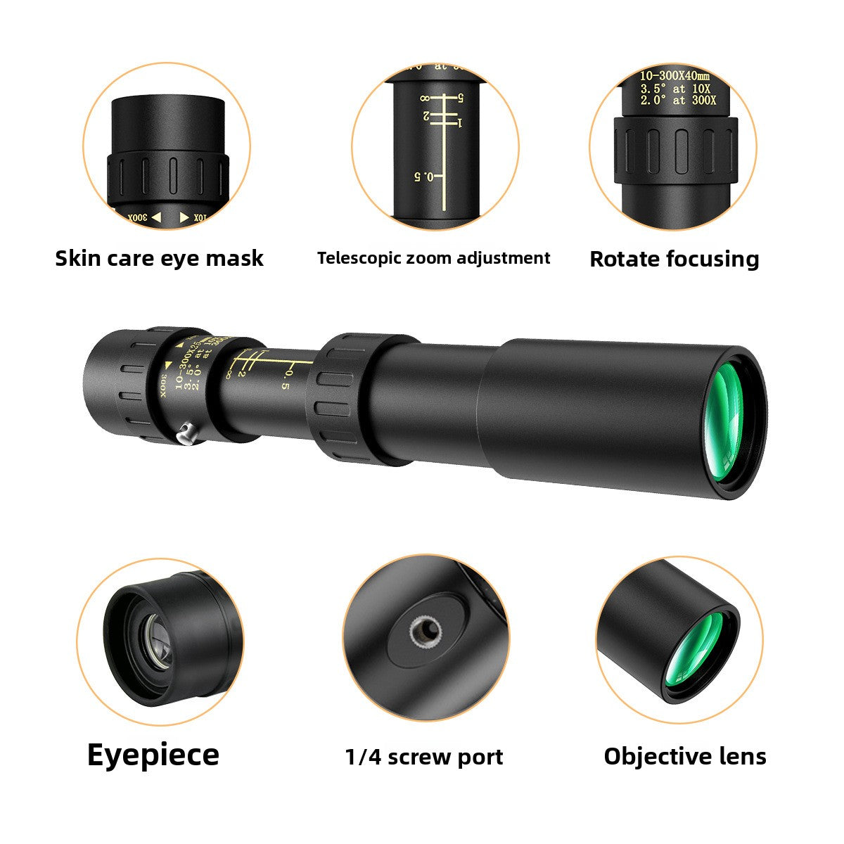 Telescopic monocular with detailed parts labeled on a white background