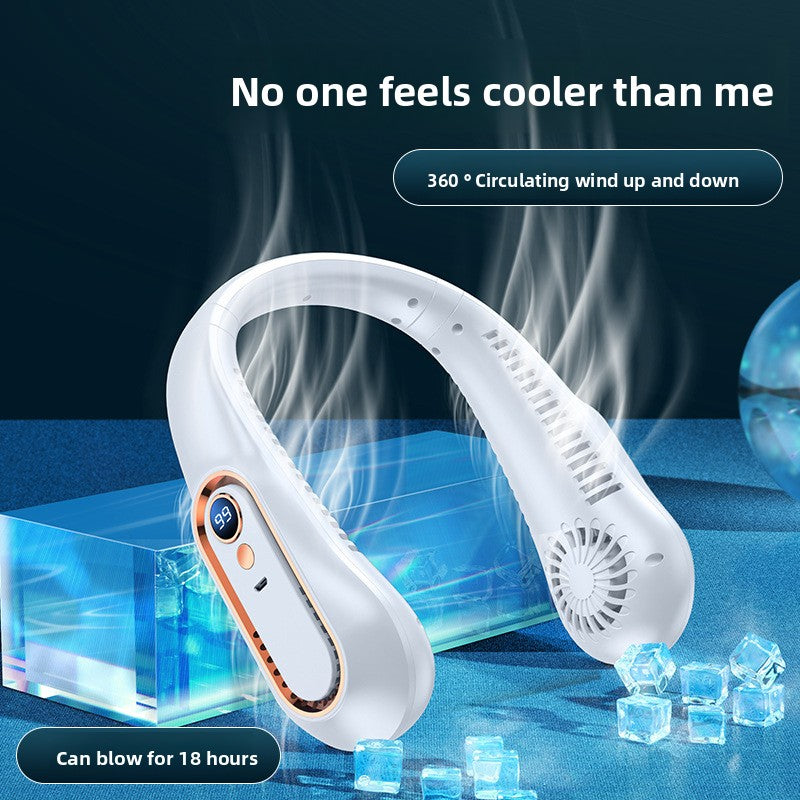 White neck fan with cooling effects on a dark background