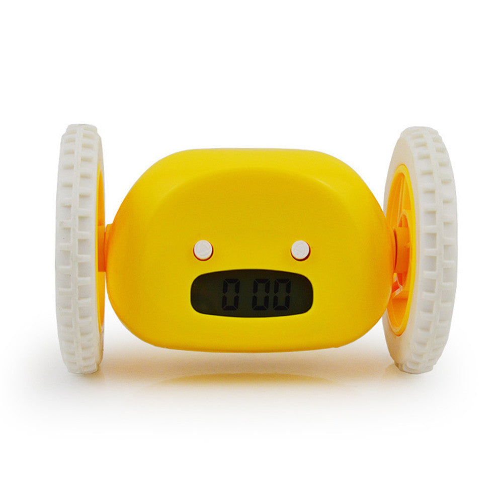 Yellow digital clock with wheels on a white background