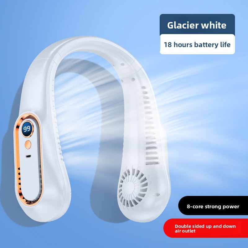 White neck fan with charging indicator on a blue background