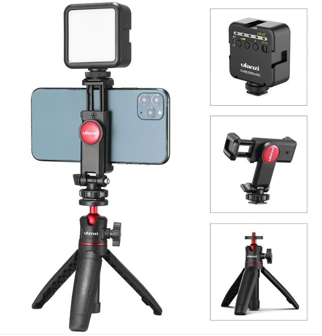 Mobile Phone Vlog Selfie StickStick whole set up with phone in place and three smaller side pics with the three main parts seperated