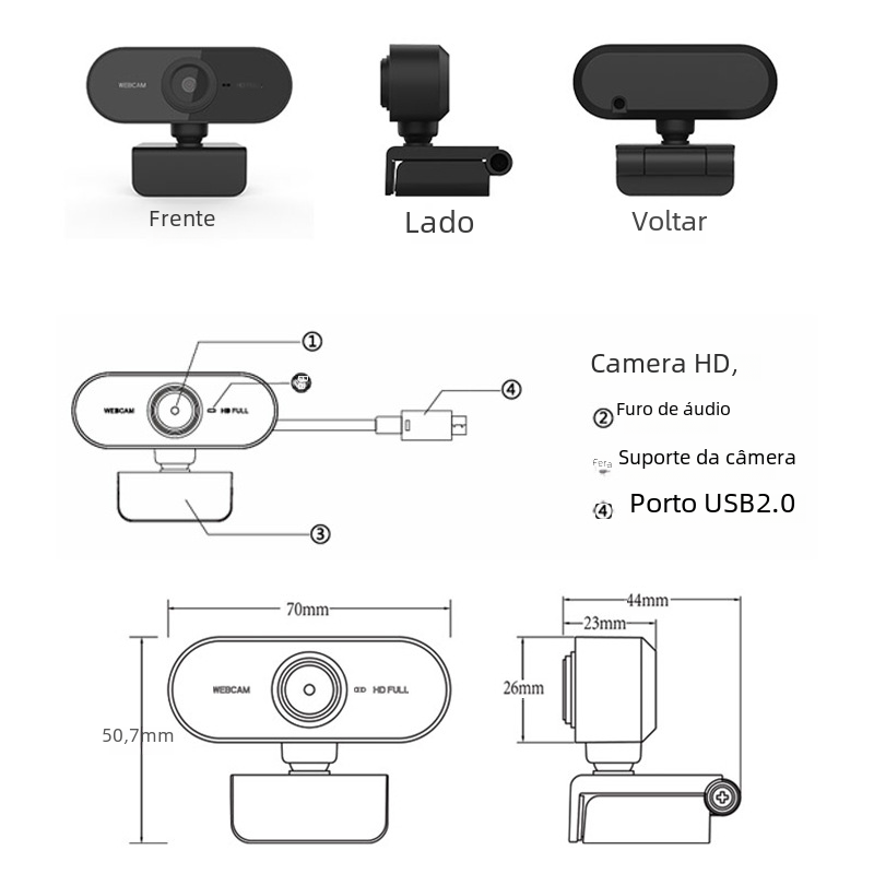 Diagram of a webcam with labeled parts and dimensions on a white background
