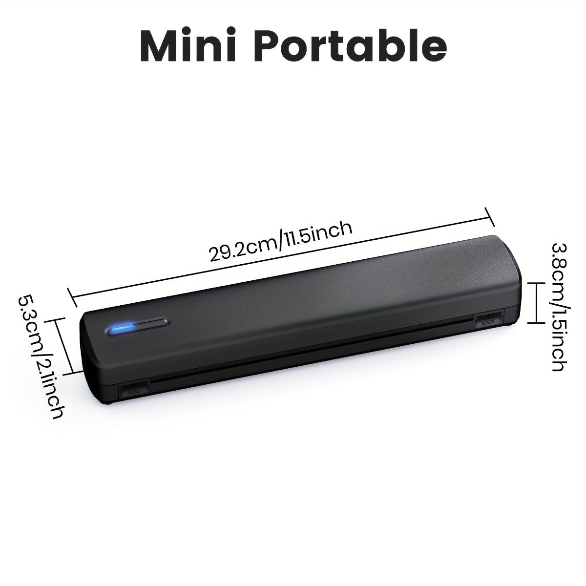 Black portable device with dimensions labeled on a white background