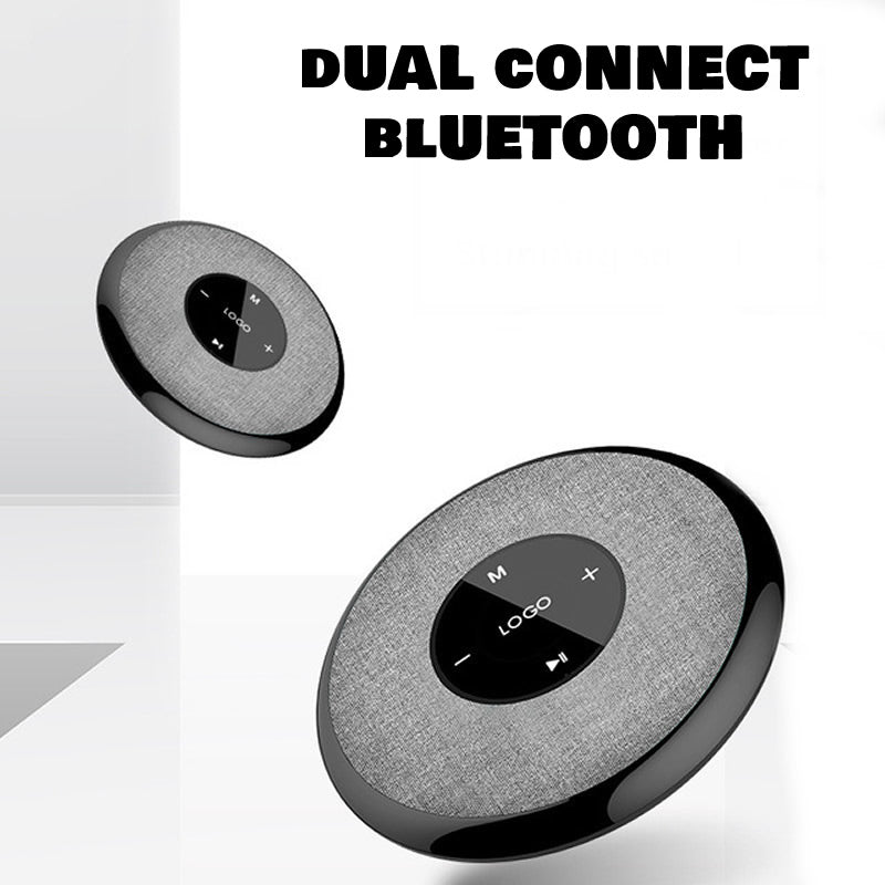 Two gray Bluetooth speakers with control buttons on a white background, labeled 'Dual Connect Bluetooth'.