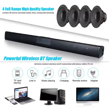 Soundbar with wireless Bluetooth speaker and additional speakers on a white background