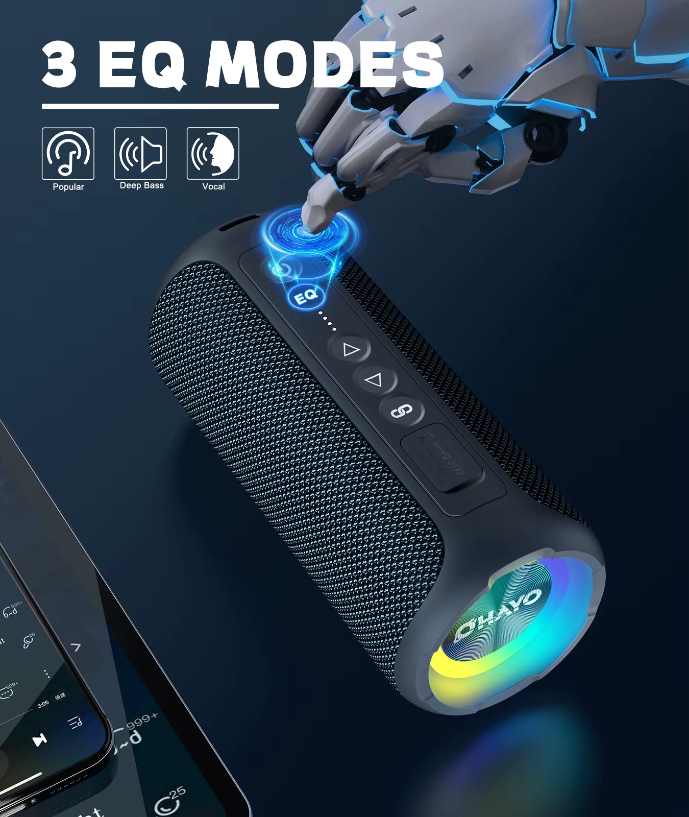 Bluetooth speaker with 3 EQ modes and a robot hand interacting with it on a dark background.