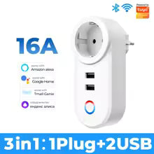 White power adapter with multiple ports and connectivity options on a blue background