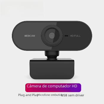 Black webcam on a white background with text indicating features.