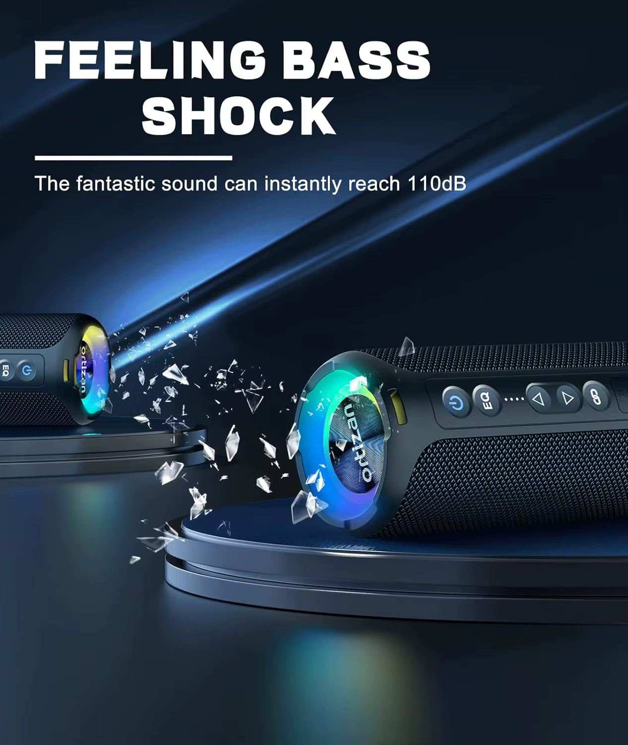 High-power speaker with 'Feeling Bass Shock' text and sound wave graphics on a dark background.