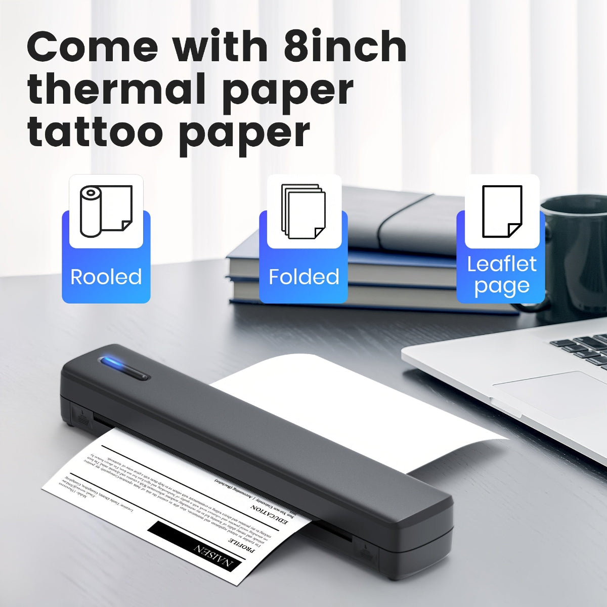 Scanner with thermal paper on a desk next to a laptop, with text about 8-inch thermal paper.