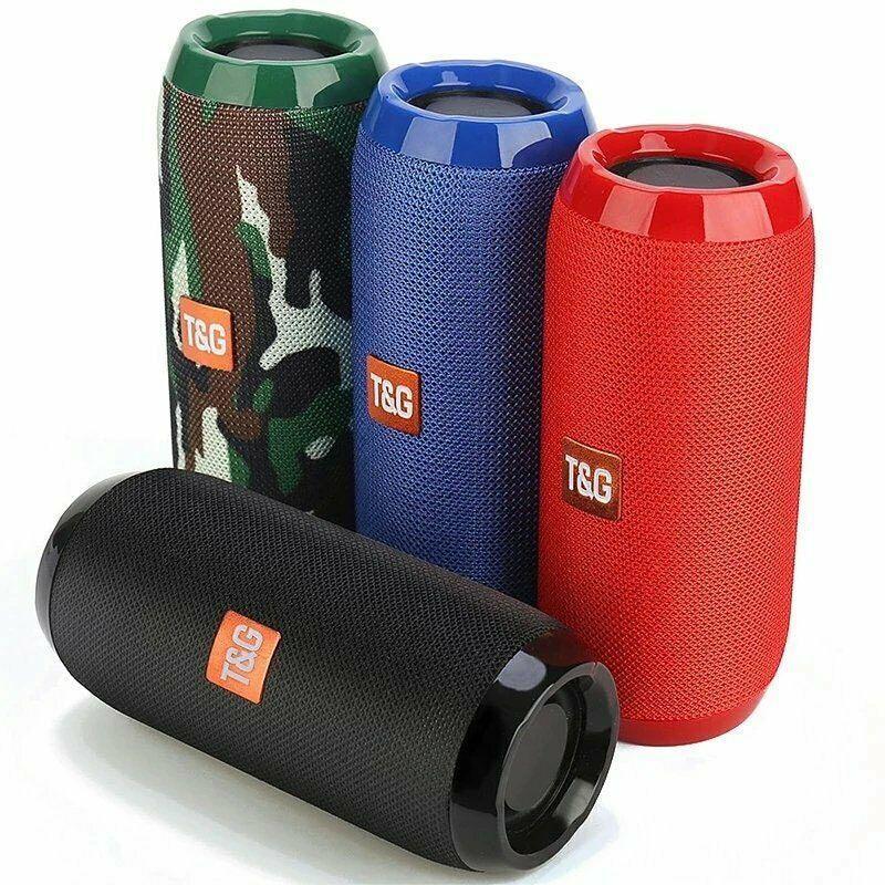 Four colorful TSG portable speakers in different designs on a white background