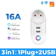 White power adapter with 3 ports including a plug and 2 USBs, featuring Amazon Alexa, Google Home, and Nest Learning logos.