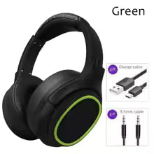 Black headphones with green accents and USB cable on a white background