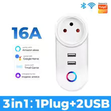 White power adapter with 3 ports including a plug and 2 USBs, featuring Amazon Alexa, Google Home, and Nest integration.