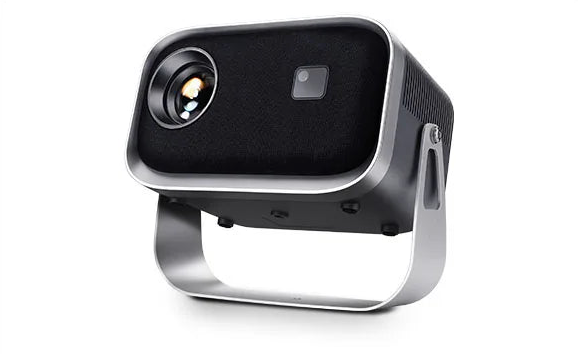 Black and silver portable projector on a white background