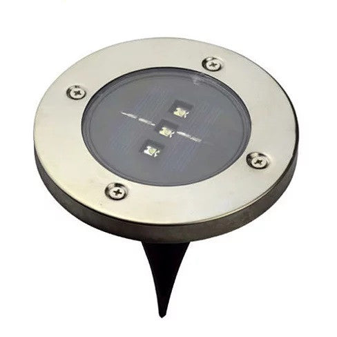 Round outdoor light fixture with spike on a white background