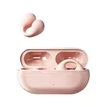 Pink wireless earbuds in a matching case on a white background