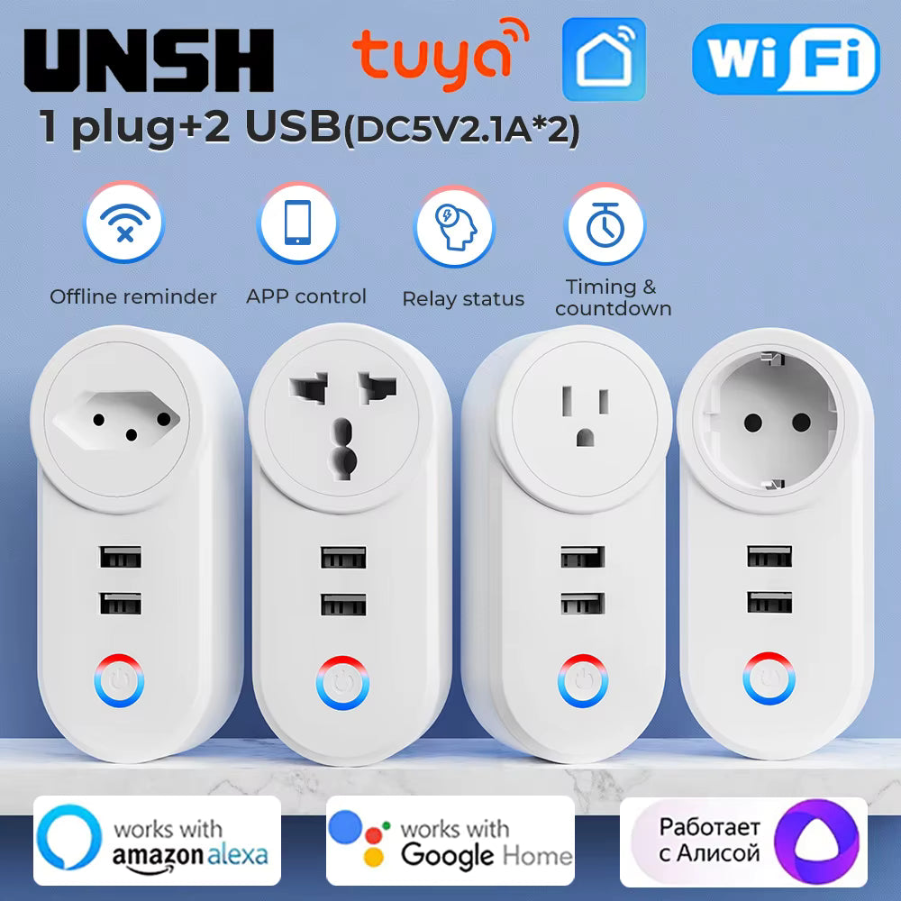 Four smart plugs with USB ports on a blue background, featuring UNSH, Tuya, and Wi-Fi logos.