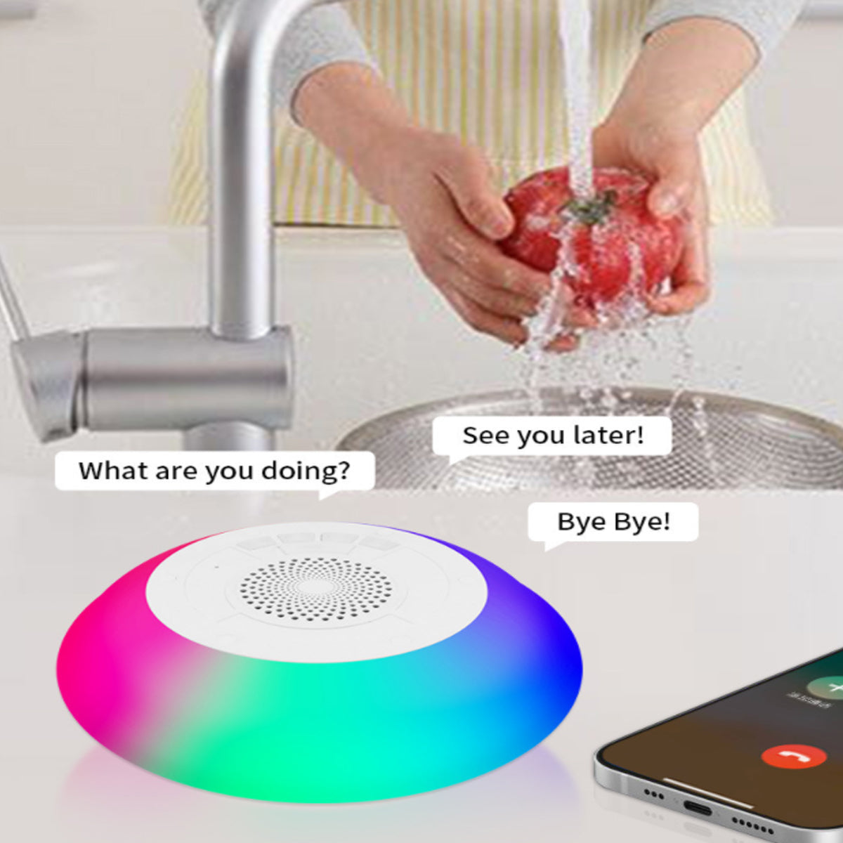 Colorful smart speaker on a kitchen counter with hands washing a tomato, phone with call interface, and text bubbles.