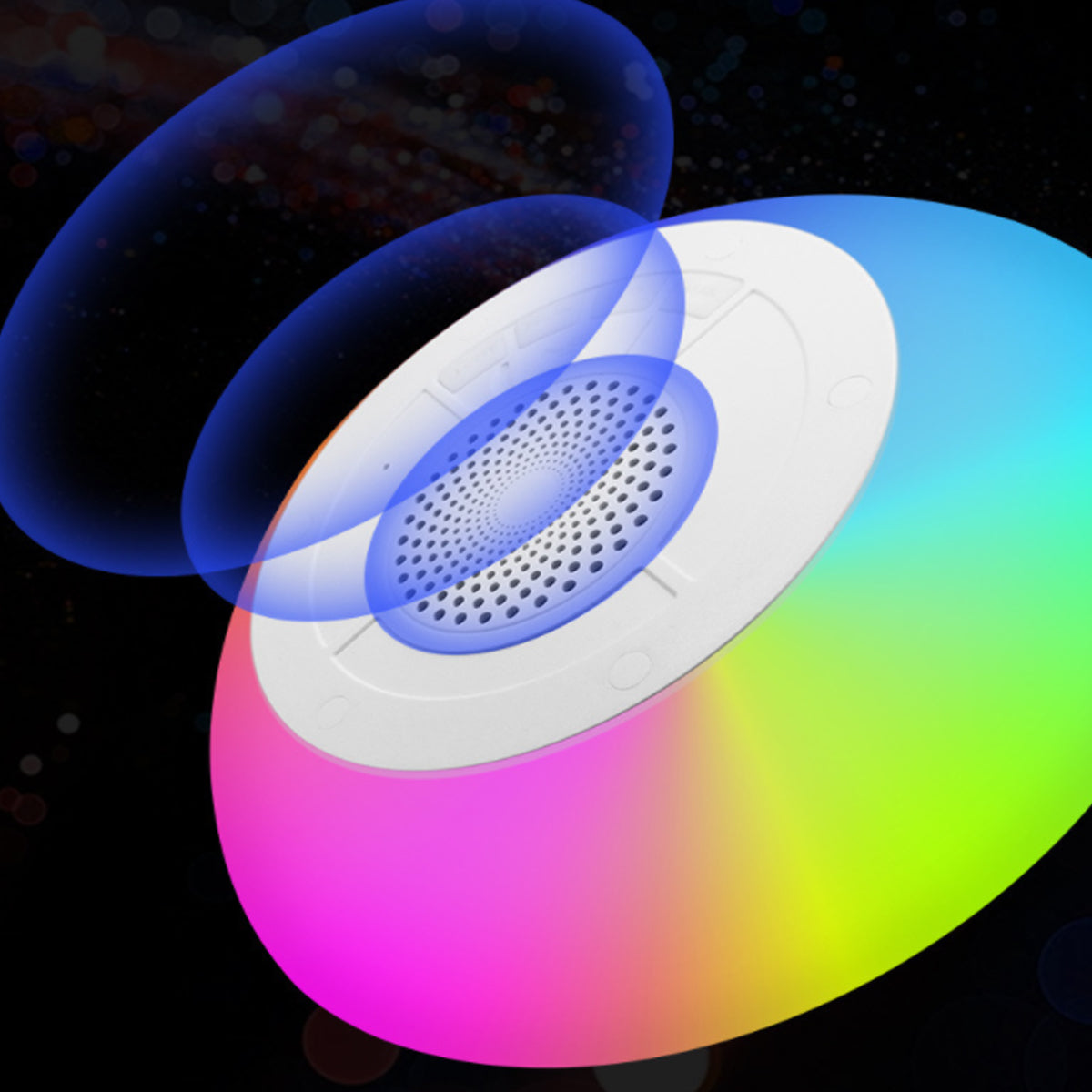 Colorful light fixture with a speaker on a black background