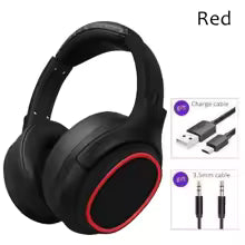 Black headphones with red accents and included accessories on a white background