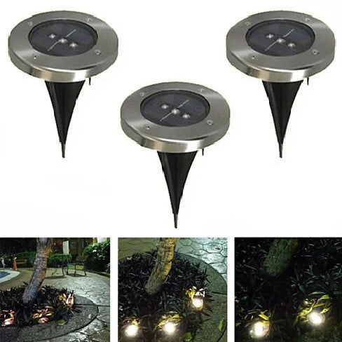 Three solar-powered outdoor lights with images showing their use in various settings.