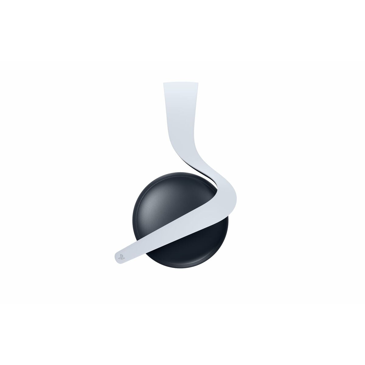 Black spherical object with a white strap on a white background