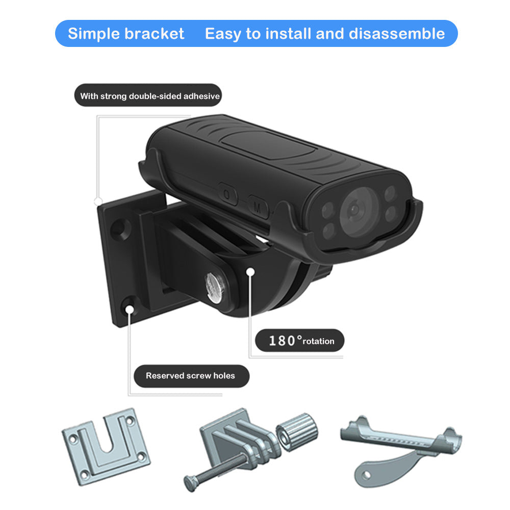 Black camera bracket with installation components on a white background
