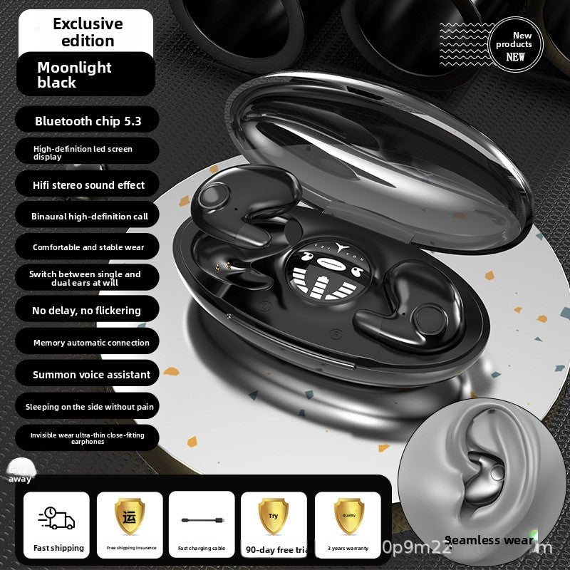 Black wireless earbuds with charging case on a dark background