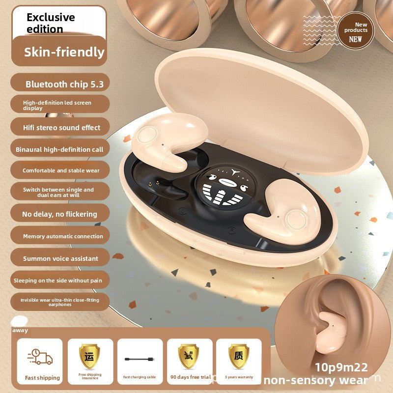 Beige wireless earbuds with charging case on a light gray background