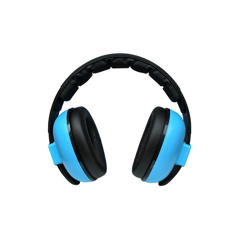 Pair of blue and black ear protectors on a white background