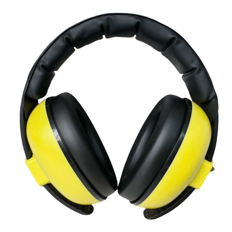 Black and yellow ear protectors on a white background