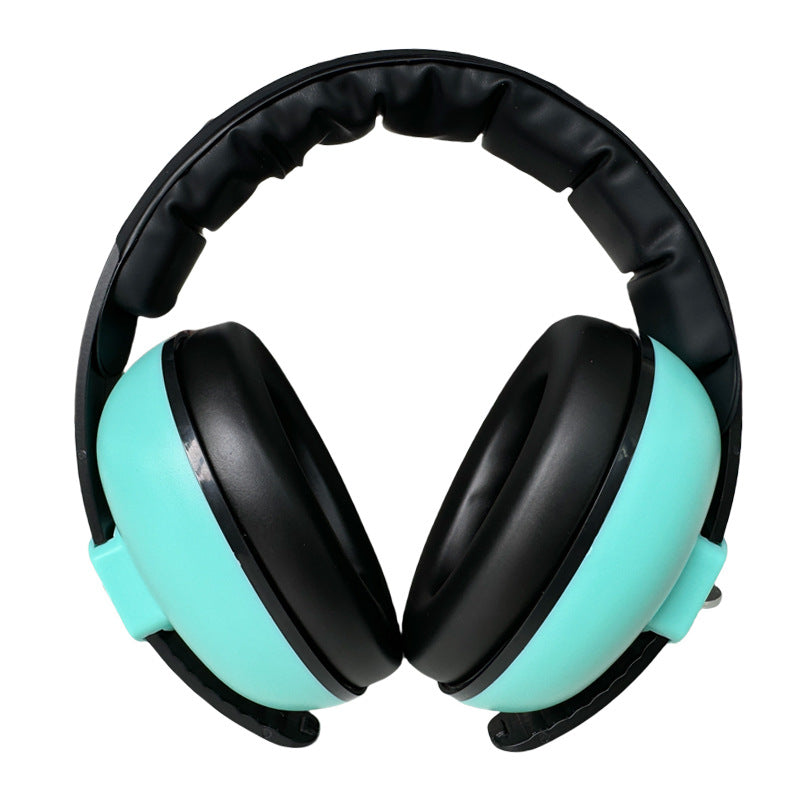 Pair of turquoise and black ear protectors on a white background