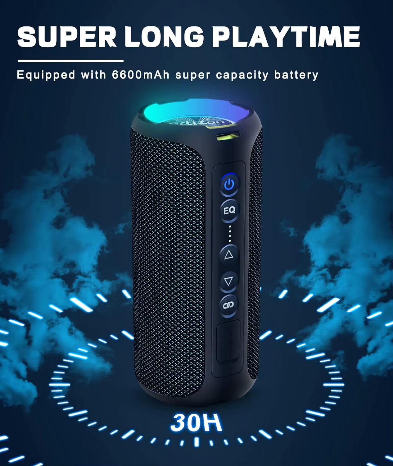 Portable speaker with blue light on a dark background, emphasizing long playtime and battery capacity.