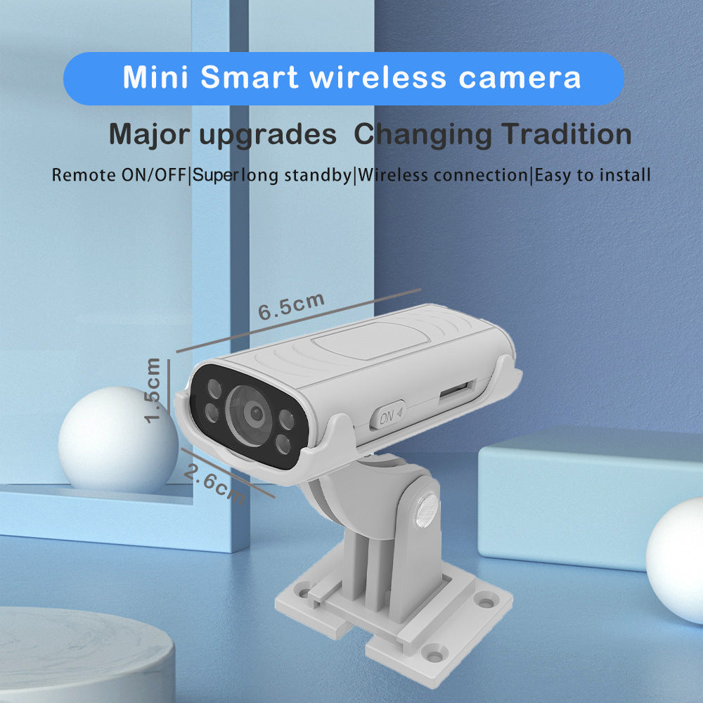 Mini smart wireless camera with dimensions on a blue background