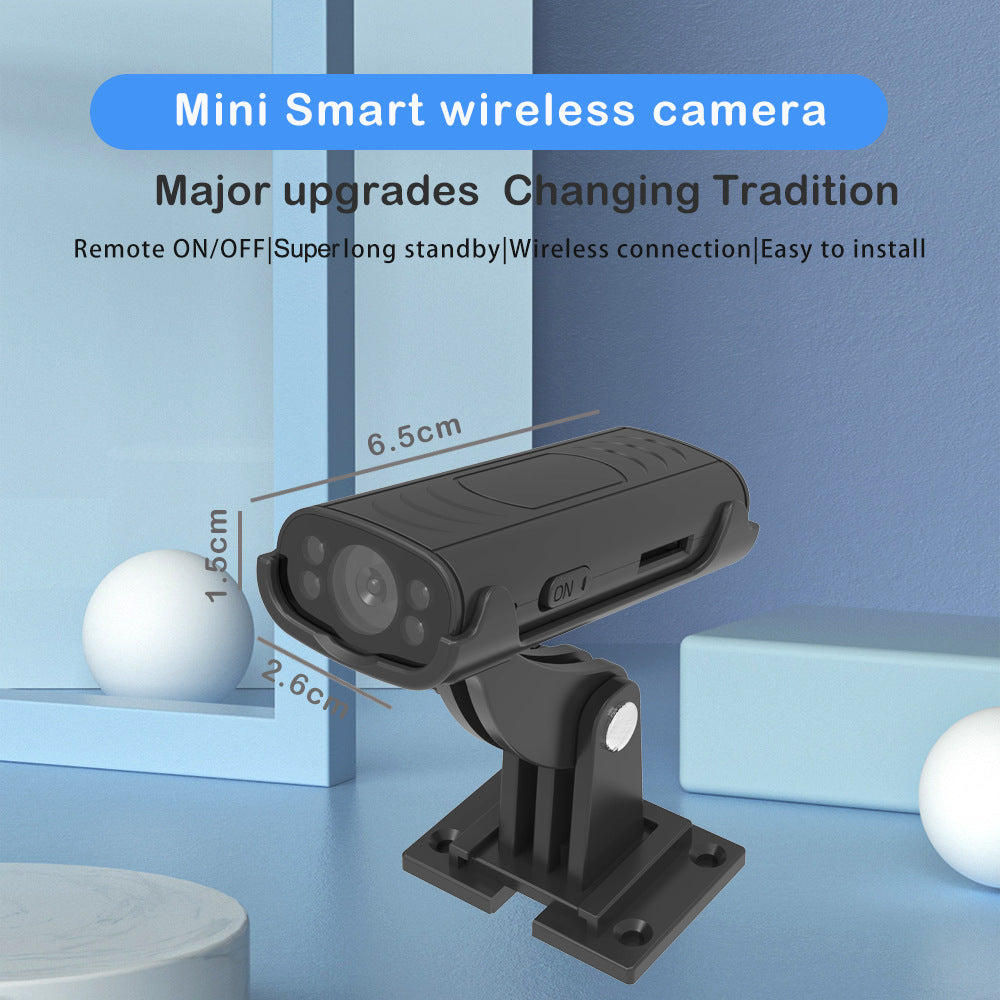 Mini smart wireless camera with features listed on a blue background