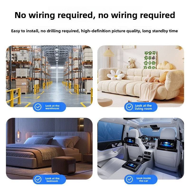 Product advertisement showing warehouse, living room, bedroom, and car interior with text 'No wiring required'.